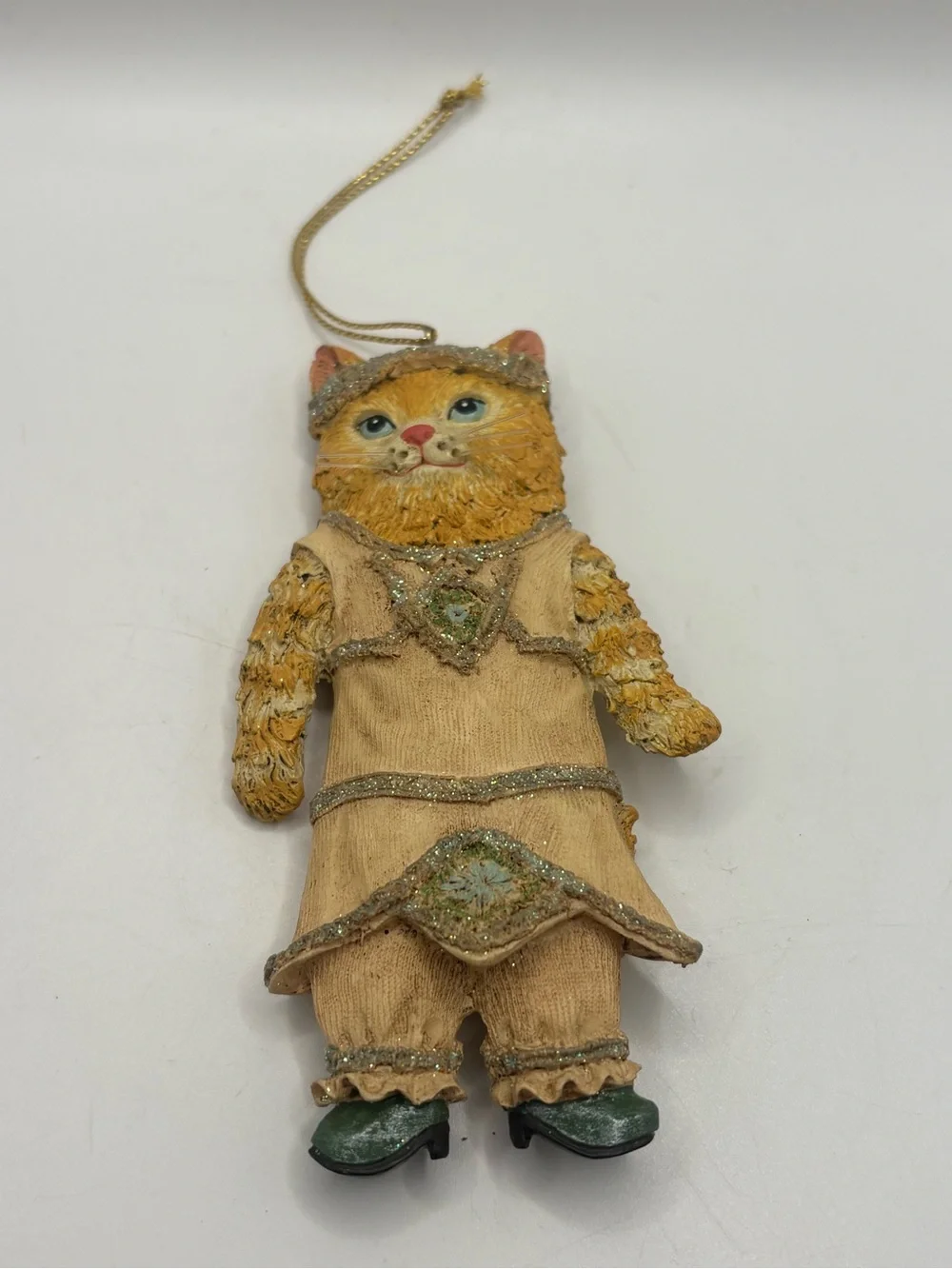 Vintage Anthropomorphic Orange Tabby Cat Christmas Ornament Victorian Glitter 4.